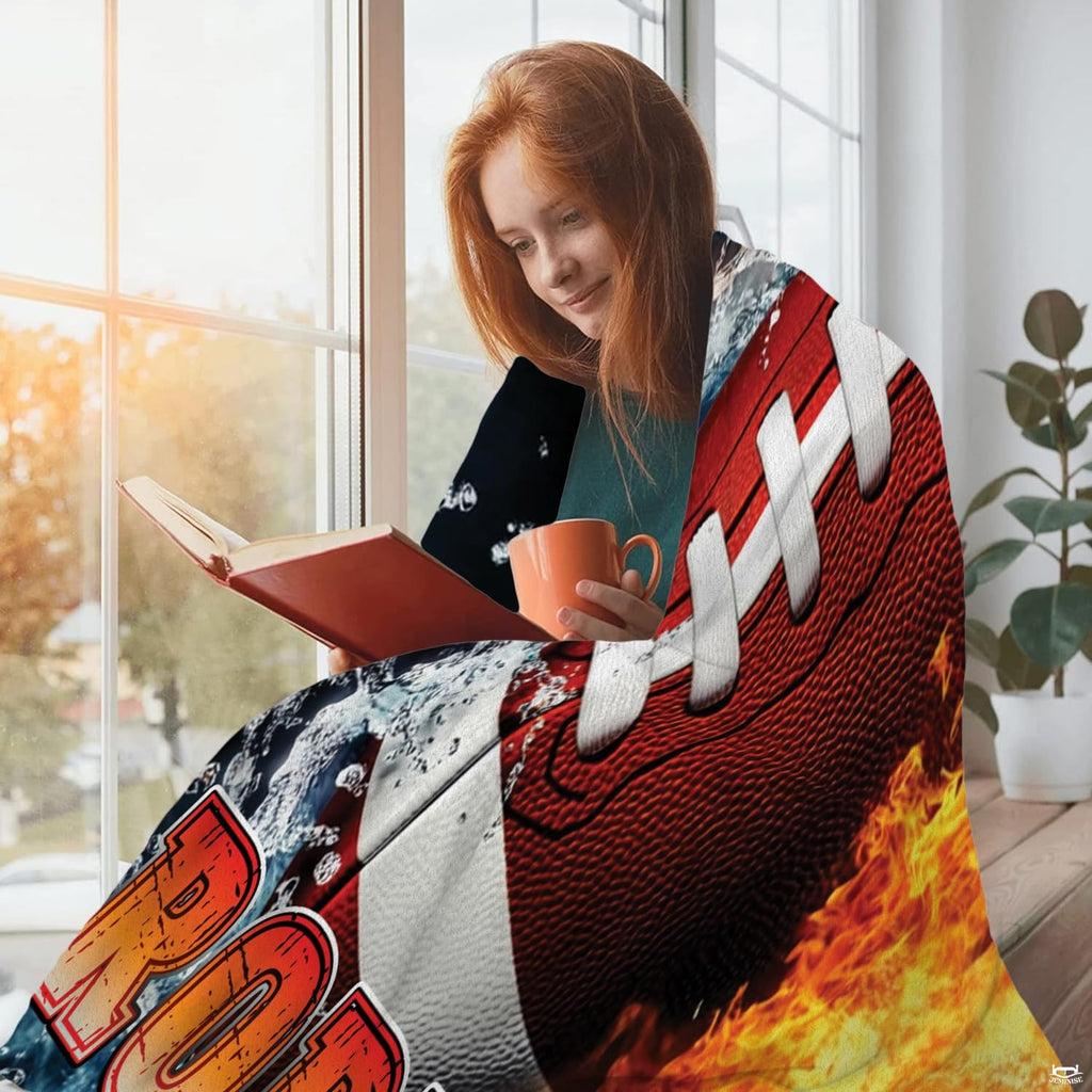 Dynamic football bedroom set decor display highlighting fiery flames and icy splash graphics.