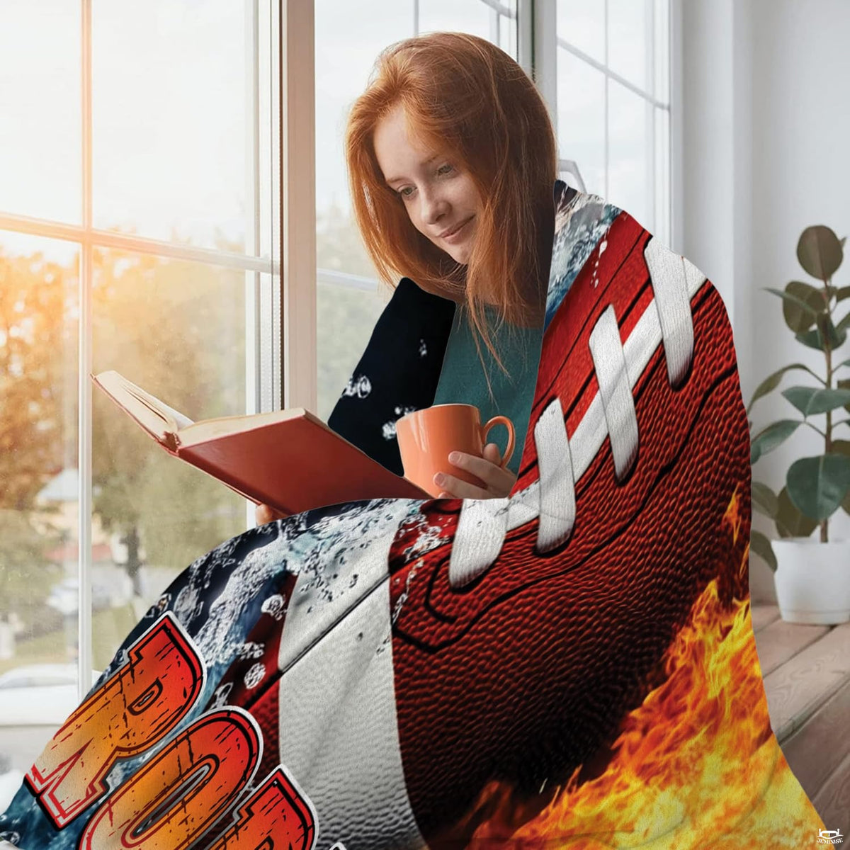 Dynamic football bedroom set decor display highlighting fiery flames and icy splash graphics.