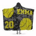 Softball camouflage hooded blanket featuring distressed yellow softballs and varsity jersey numbers.