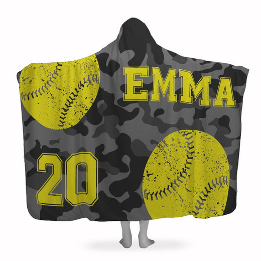 Softball camouflage hooded blanket featuring distressed yellow softballs and varsity jersey numbers.