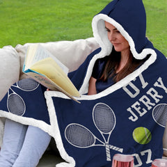 Athletic sports bedroom setting featuring navy blue tennis hooded blanket