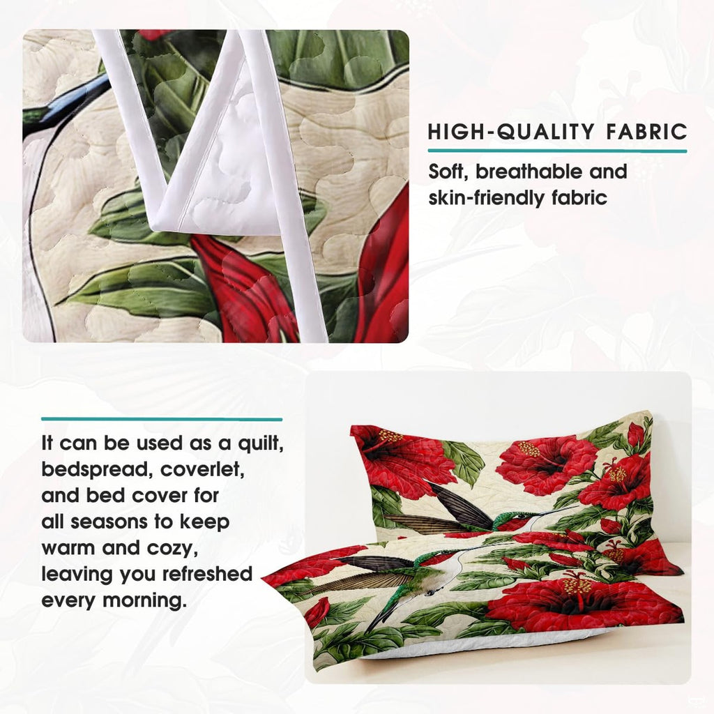 Close view of hummingbird floral artwork and coordinating pillow panels