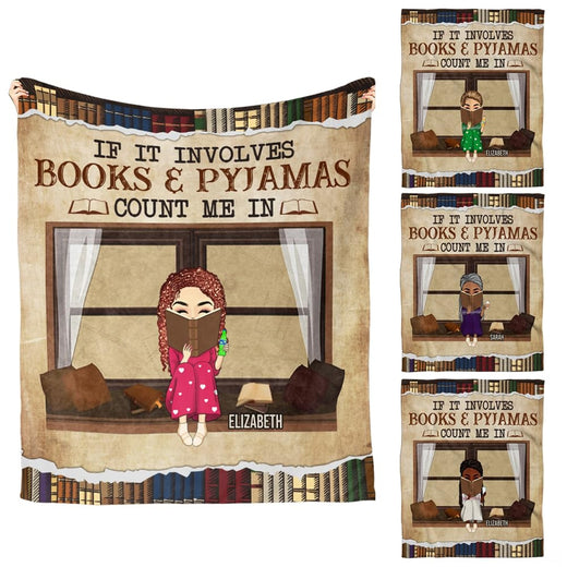 Front view of books and pyjamas reader girl throw blanket featuring window seat illustration.