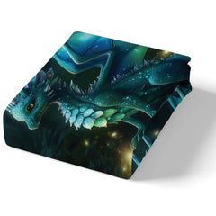 Corner view of dragon bedding detailing the vibrant printing clarity, deep evergreen tones, and golden firefly glow