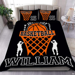Basketball hoop shooter bedding featuring orange ball in net graphic flanked by white player silhouettes