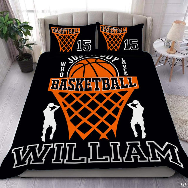 Basketball hoop shooter bedding featuring orange ball in net graphic flanked by white player silhouettes