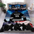 Patriotic flag and ice hockey sports bedding set featuring athletic player graphics and American flag artwork