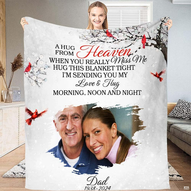Red cardinal winter tree memorial photo blanket showing red songbirds and snowy branches view 1