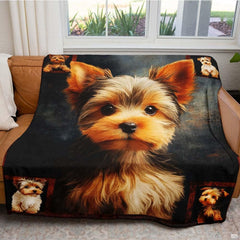 Overhead flat view of the Yorkshire Terrier puppy throw blanket against a dark textured background