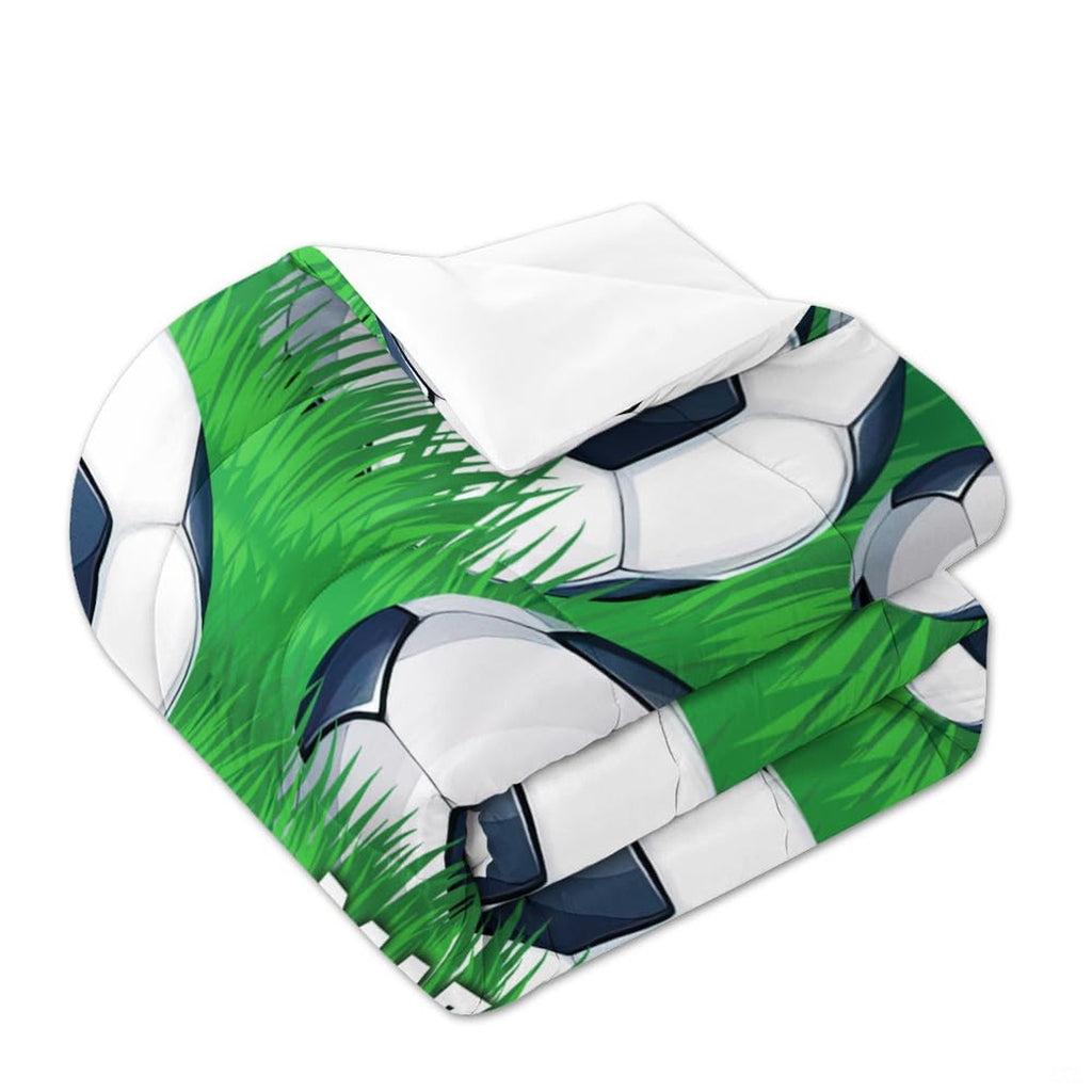 Close view of the crisp black-and-white soccer ball illustration over deep turf tones.