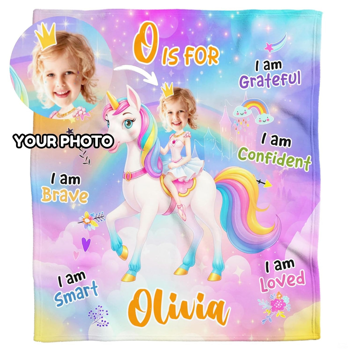 Pastel unicorn fantasy blanket styled across contemporary bed