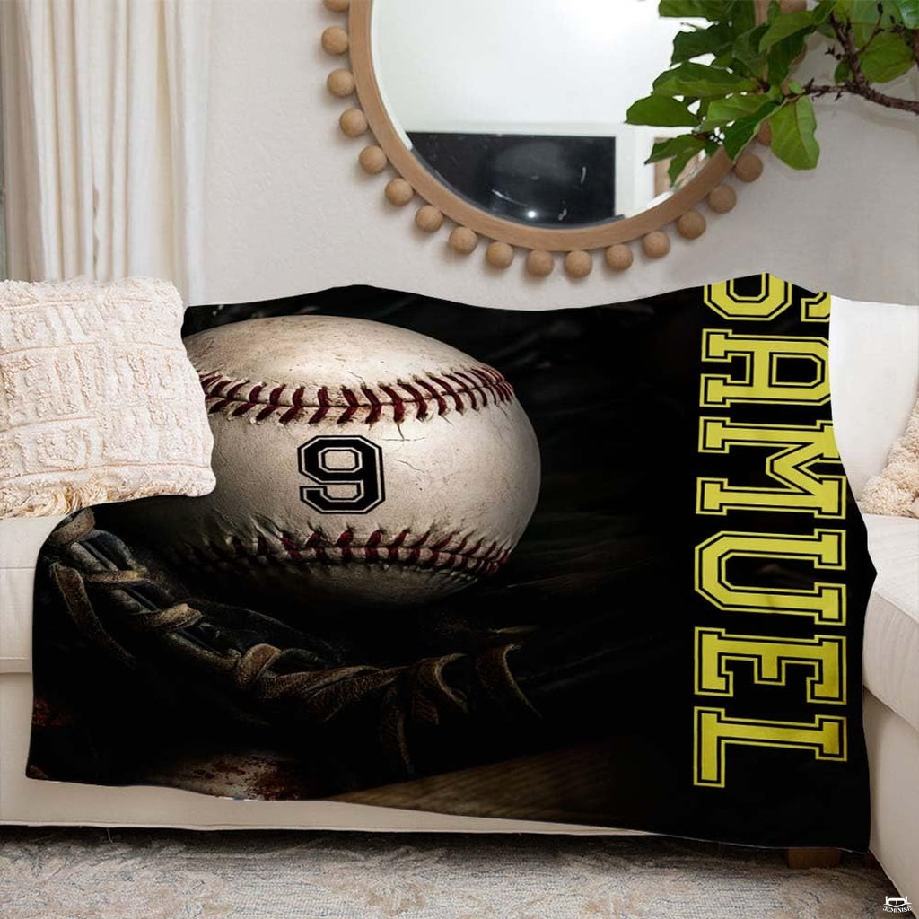 Baseball in fielding mitt throw blanket view 6 highlighting baseball glove details and sports bedroom styling