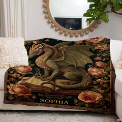 Baroque green dragon on antique tome fantasy blanket showing dragon on open book view 6