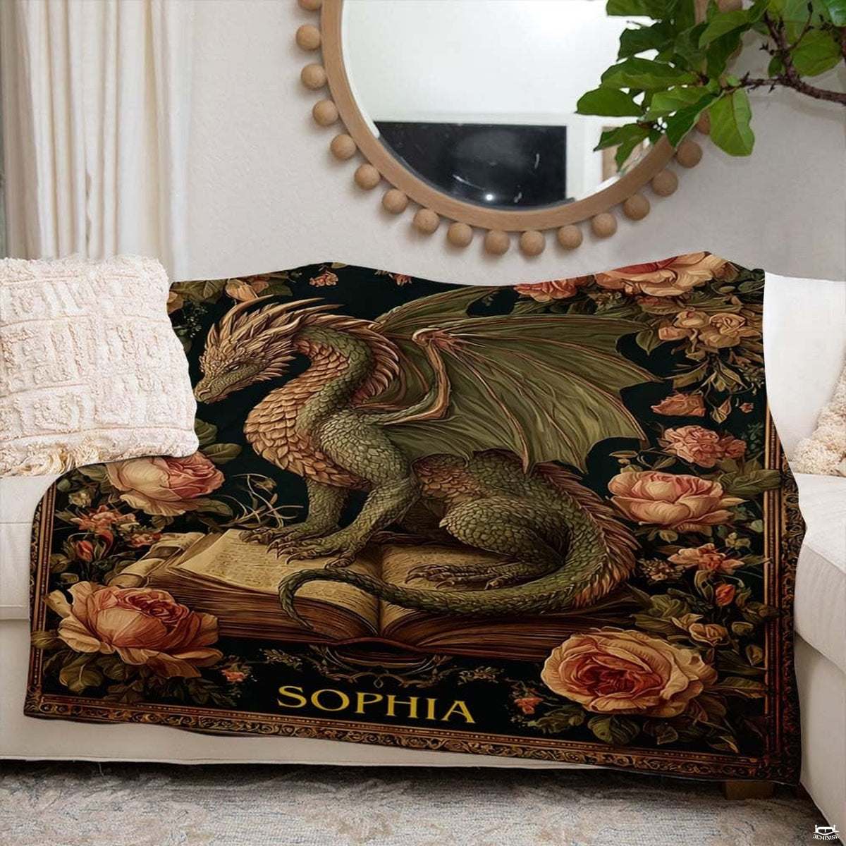Baroque green dragon on antique tome fantasy blanket showing dragon on open book view 6