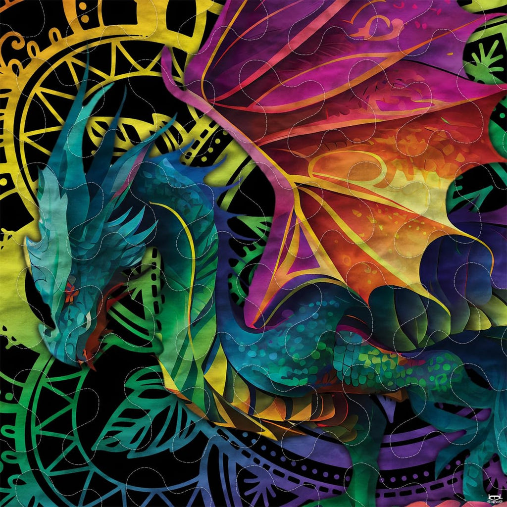 Close-up of teal dragon with magenta and orange wings over colorful mandala linework