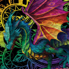 Close-up of teal dragon with magenta and orange wings over colorful mandala linework