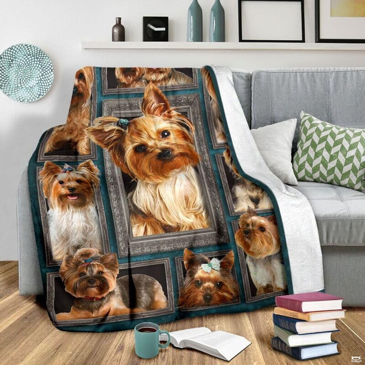 Framed Yorkie dog gallery graphic blanket styled across bedroom bed