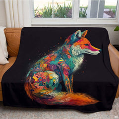 Close-up perspective of vibrant swirl and floral details on colorful fox throw blanket