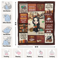 Personalized Black Hair Reading Girl with Bookshelf Throw Blanket