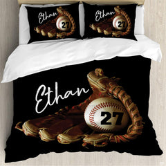 Matching pillowcase detail for athletic bedding set featuring coordinating bronze baseball graphics