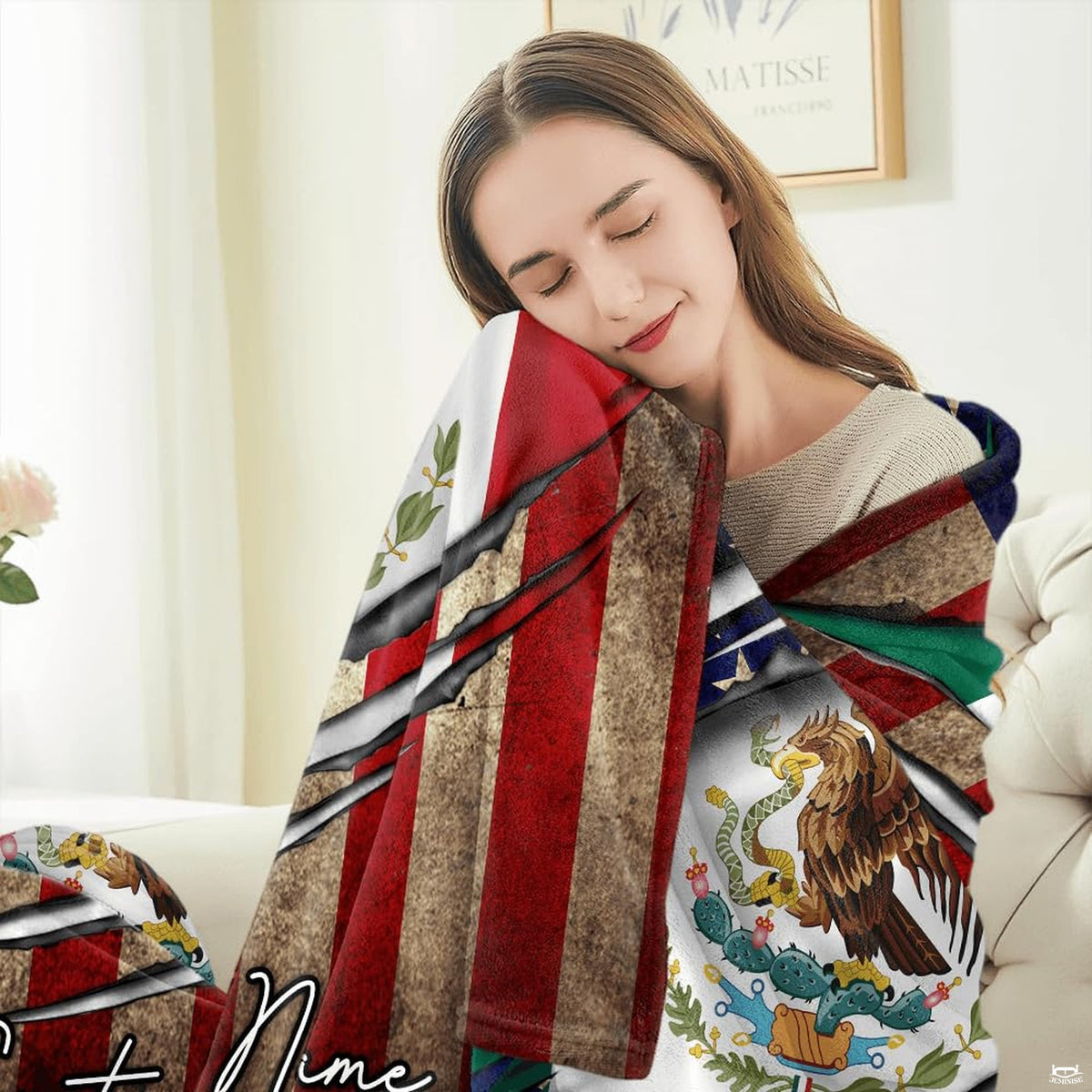 Mexican American ripped flag design with Mexican eagle crest and stars and stripes, view 7.