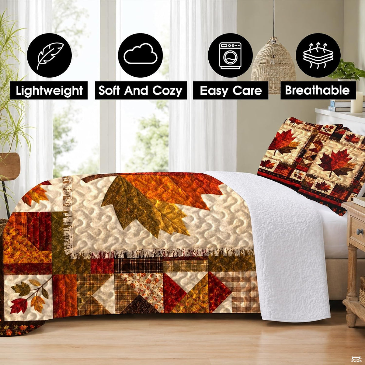 Close-up perspective of faceted maple leaf graphics and country gingham patchwork patterns on bedding