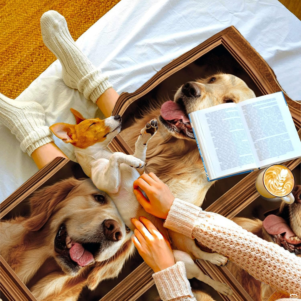 Detailed view of golden retriever bedding showing lifelike retriever dog art in rustic faux frames.