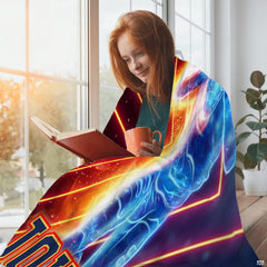 Electric neon blue football player with fiery chevron laser lines and varsity lettering, view 5.