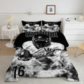 Charcoal and platinum footballer sports bedding featuring an athletic soccer player in motion on a bed