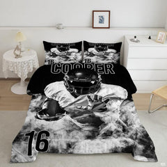Charcoal and platinum footballer sports bedding featuring an athletic soccer player in motion on a bed