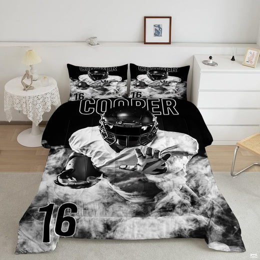 Charcoal and platinum footballer sports bedding featuring an athletic soccer player in motion on a bed
