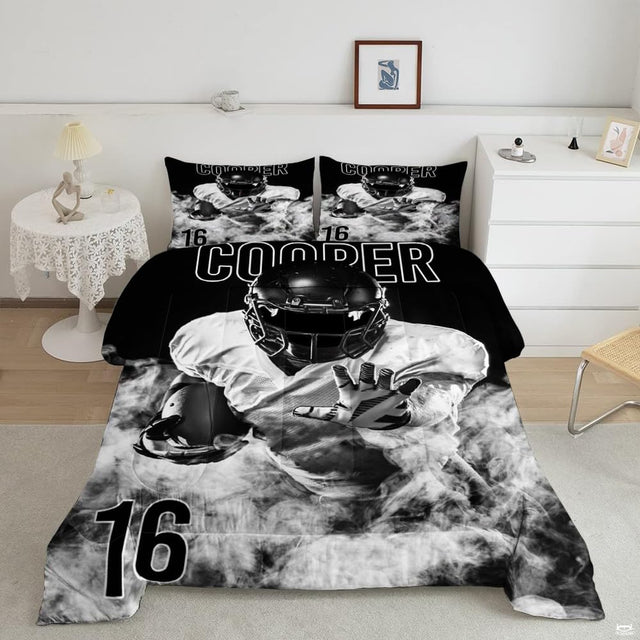 Charcoal and platinum footballer sports bedding featuring an athletic soccer player in motion on a bed