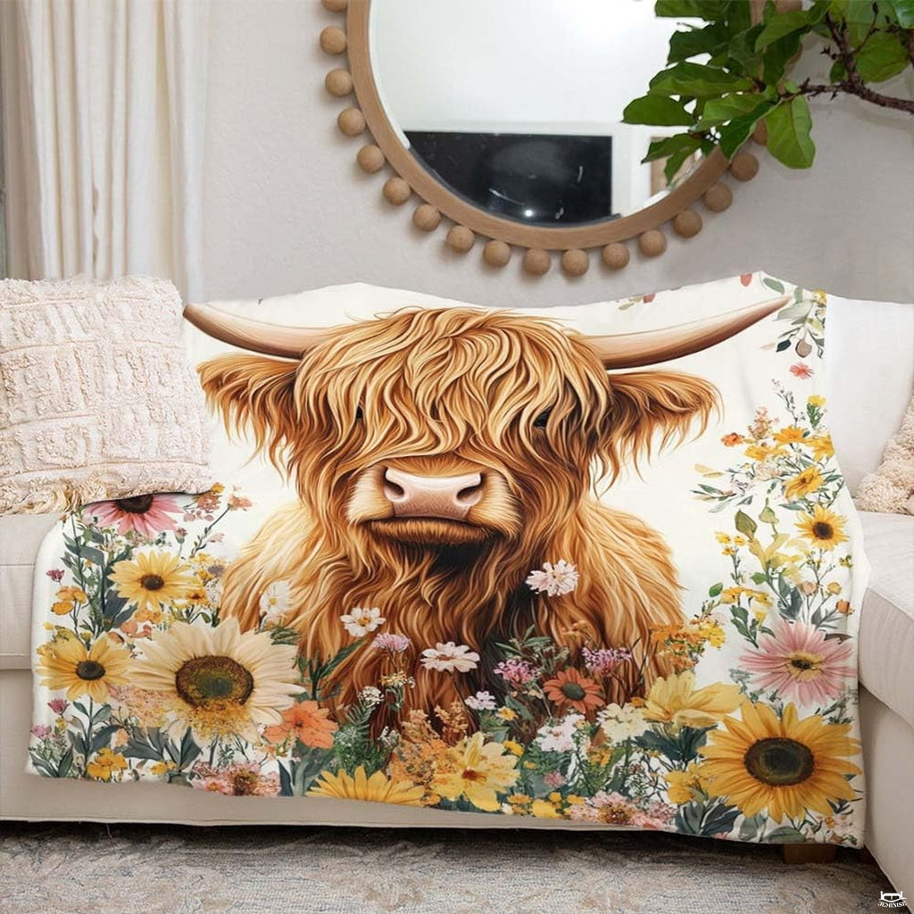 Pastoral highland cow floral throw blanket draped across a living room sofa in a modern farmhouse setting