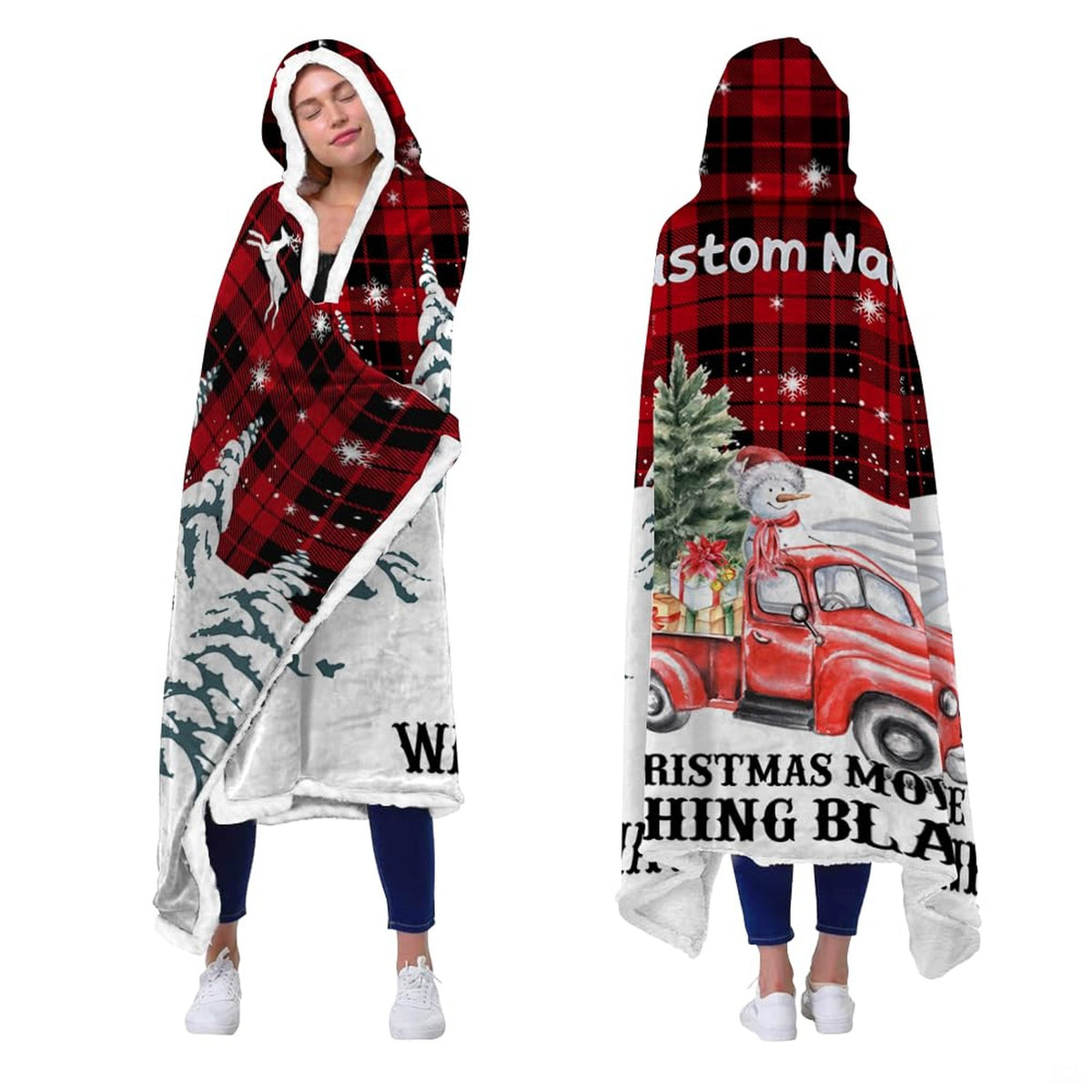 Red and black buffalo check bedding set displaying cheerful snowman and snow-draped pine tree illustrations.