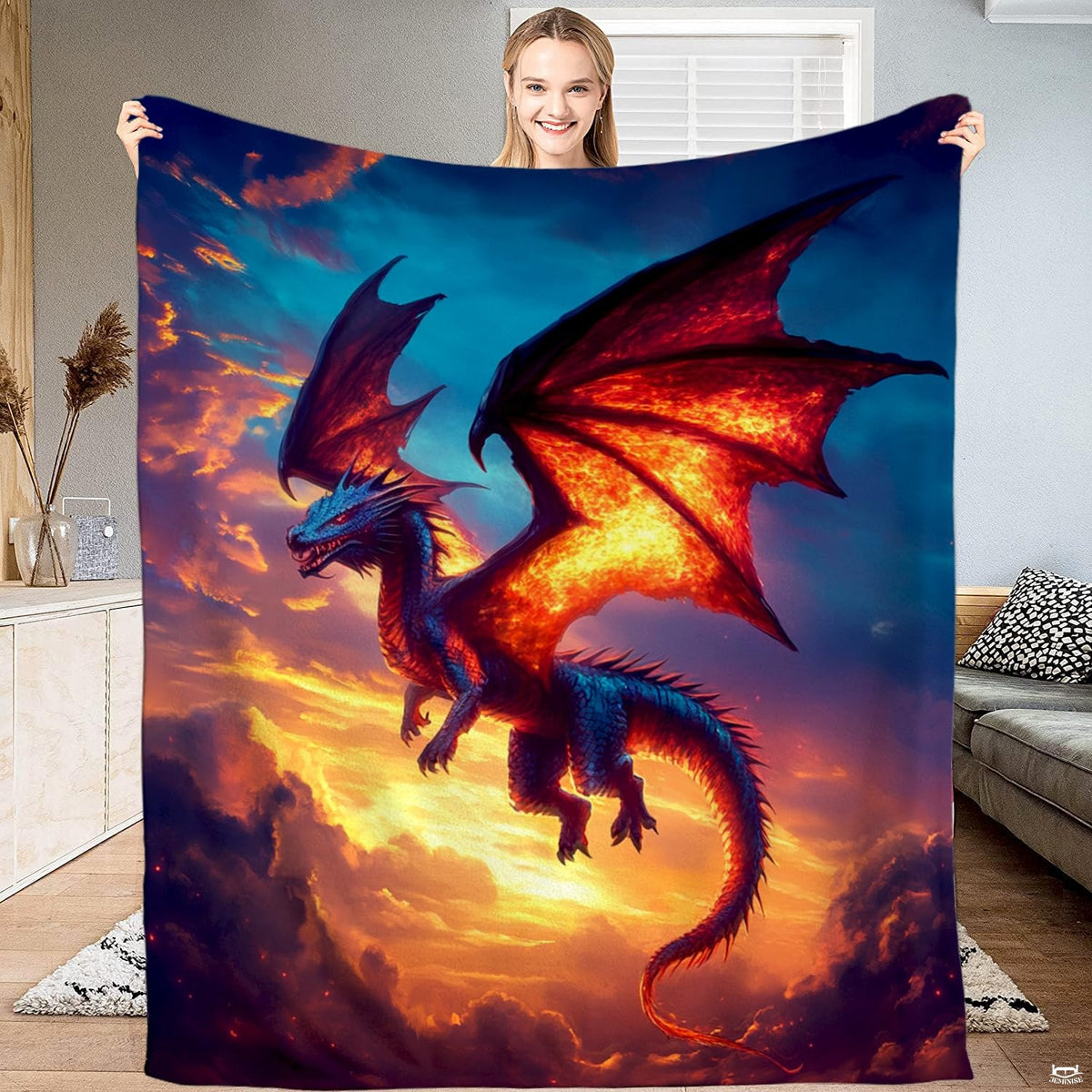 Fiery sunset sky soaring dragon fantasy blanket showing winged beast and glowing clouds view 1