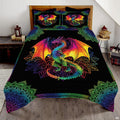 Vibrant colorful dragon mythical fantasy bedding set displayed on a bed in a modern bedroom