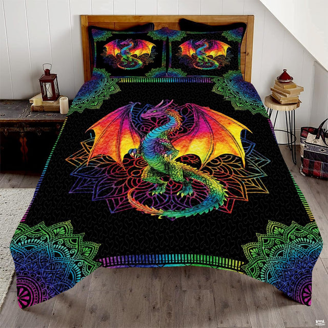 Vibrant colorful dragon mythical fantasy bedding set displayed on a bed in a modern bedroom