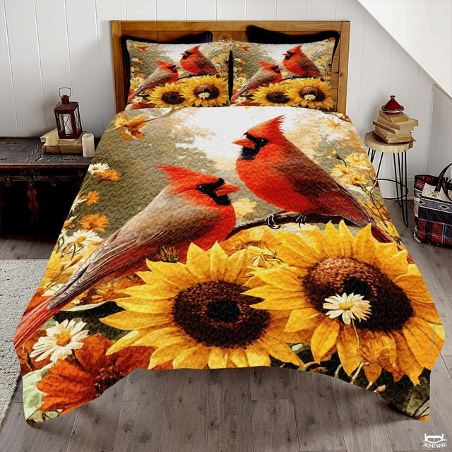 Autumn Cardinals Perched Above Large Sunflowers Quilt with Cardinal Birds