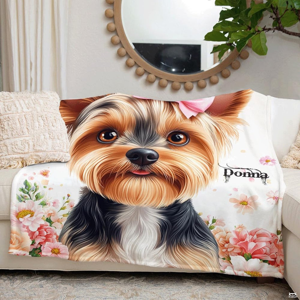 Overhead presentation of Yorkshire Terrier bedding design with sweet pink bow ribbon accent.