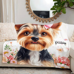 Overhead presentation of Yorkshire Terrier bedding design with sweet pink bow ribbon accent.