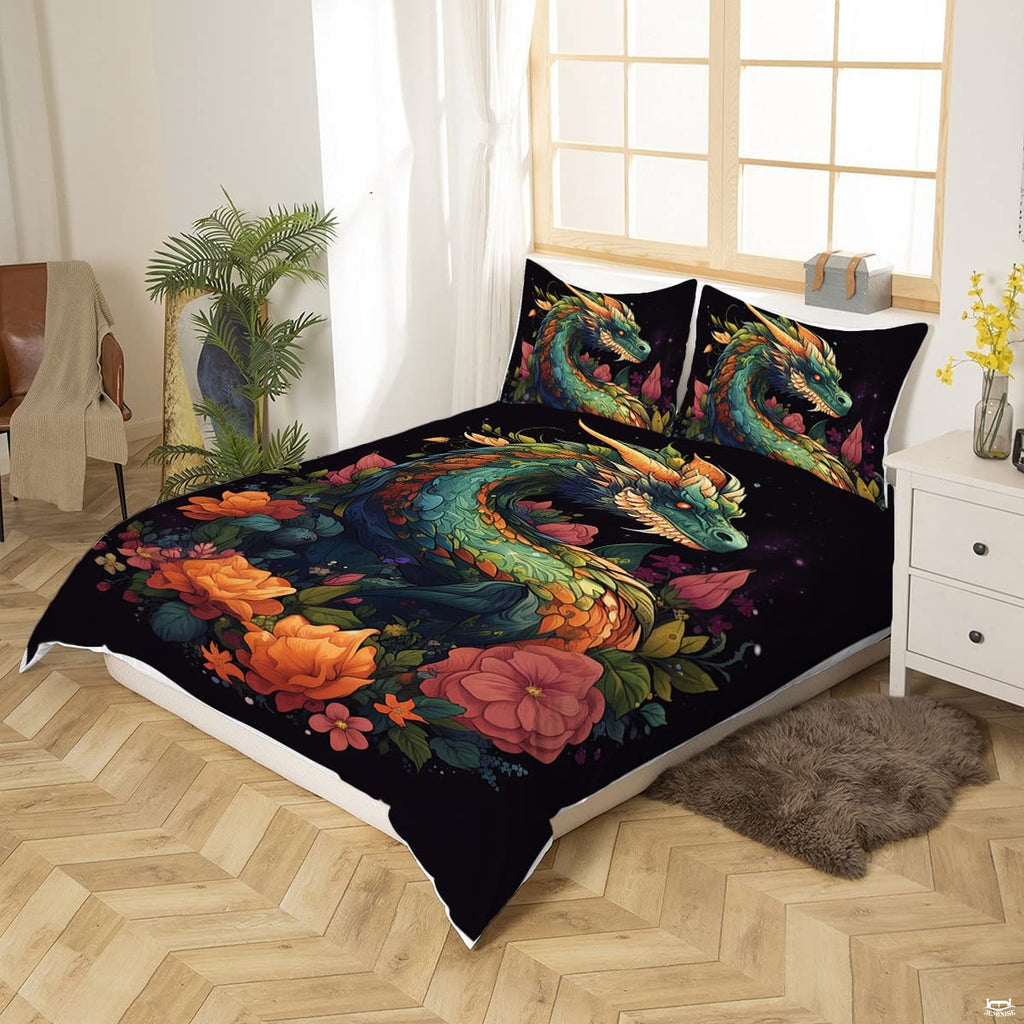 Close-up perspective of fantasy bedding detailing dragon facial horns, iridescent scales, and layered orange rose petals