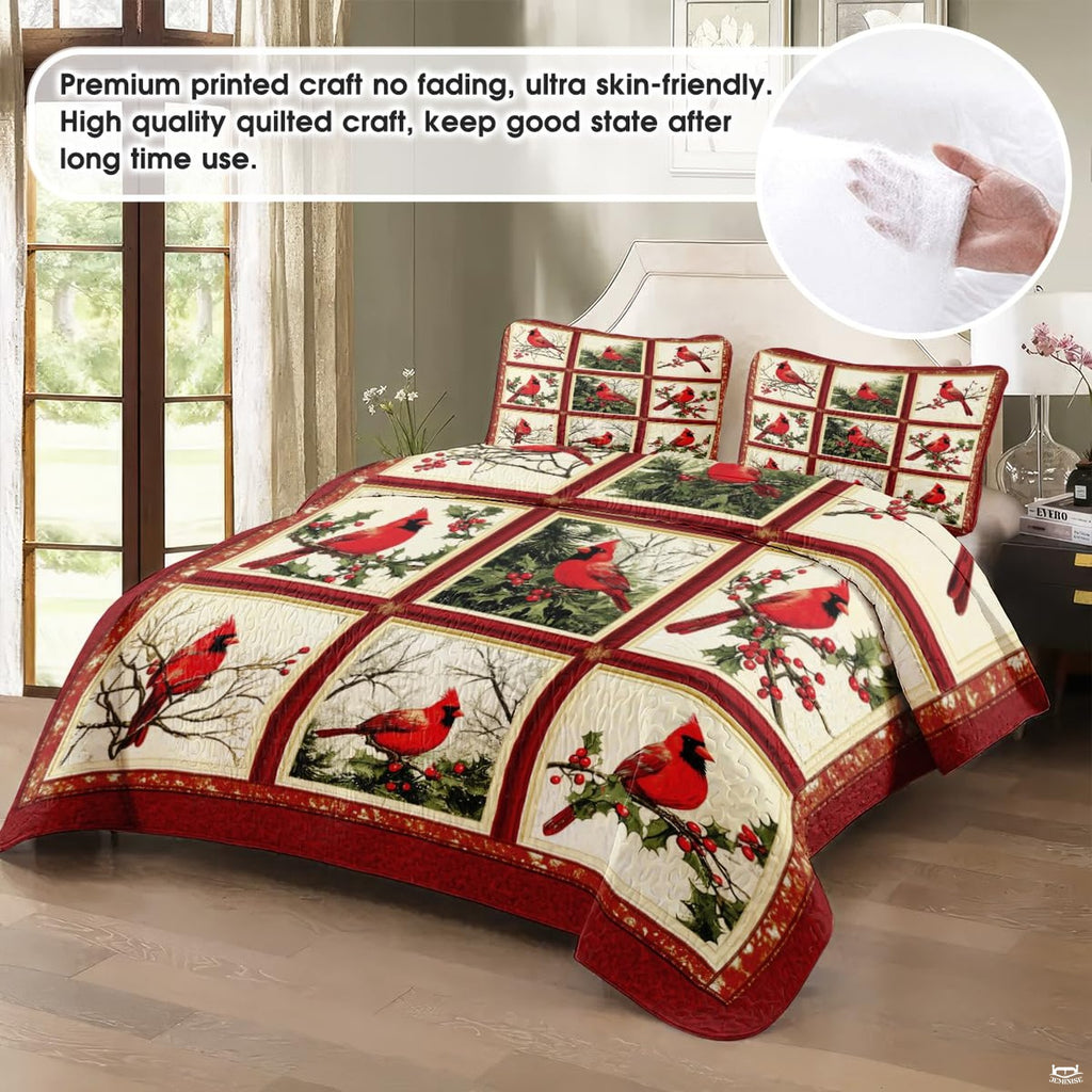 Top-down view of cardinal bedding set highlighting detailed red bird illustrations and evergreen pine patchwork borders.