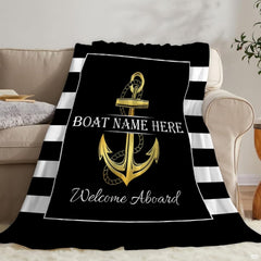 Nautical gold anchor throw blanket view 2 highlighting golden rope anchor and striped coastal side panels