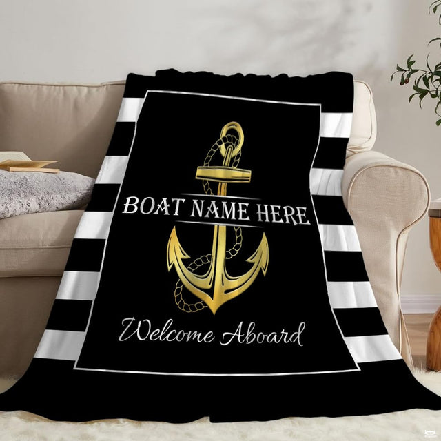 Nautical gold anchor throw blanket view 2 highlighting golden rope anchor and striped coastal side panels