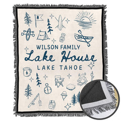 Lake house design with navy camping doodles, canoe, campfire, and pine trees, view 6.