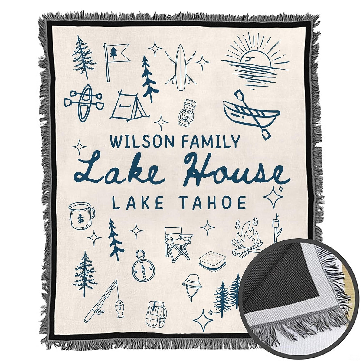 Lake house design with navy camping doodles, canoe, campfire, and pine trees, view 6.