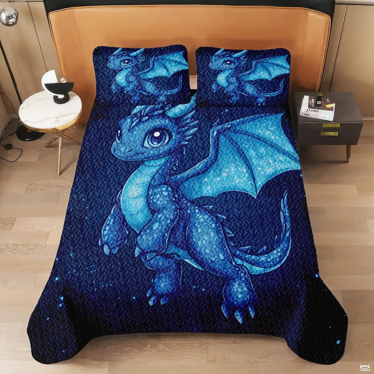 Bedroom styling with blue dragon bedding showcasing mythical art alongside celestial bedroom decor.