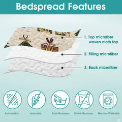 Side angle view of snowman holiday bedding styled with seasonal pine cones and rustic room accents