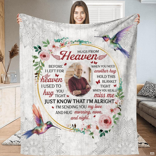 Hummingbird memorial throw blanket featuring golden rose wreaths and remembrance poetry