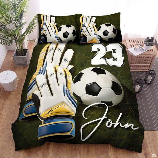 Olive green soccer pitch sports bedding featuring a soccer ball graphic and field textures on a bed